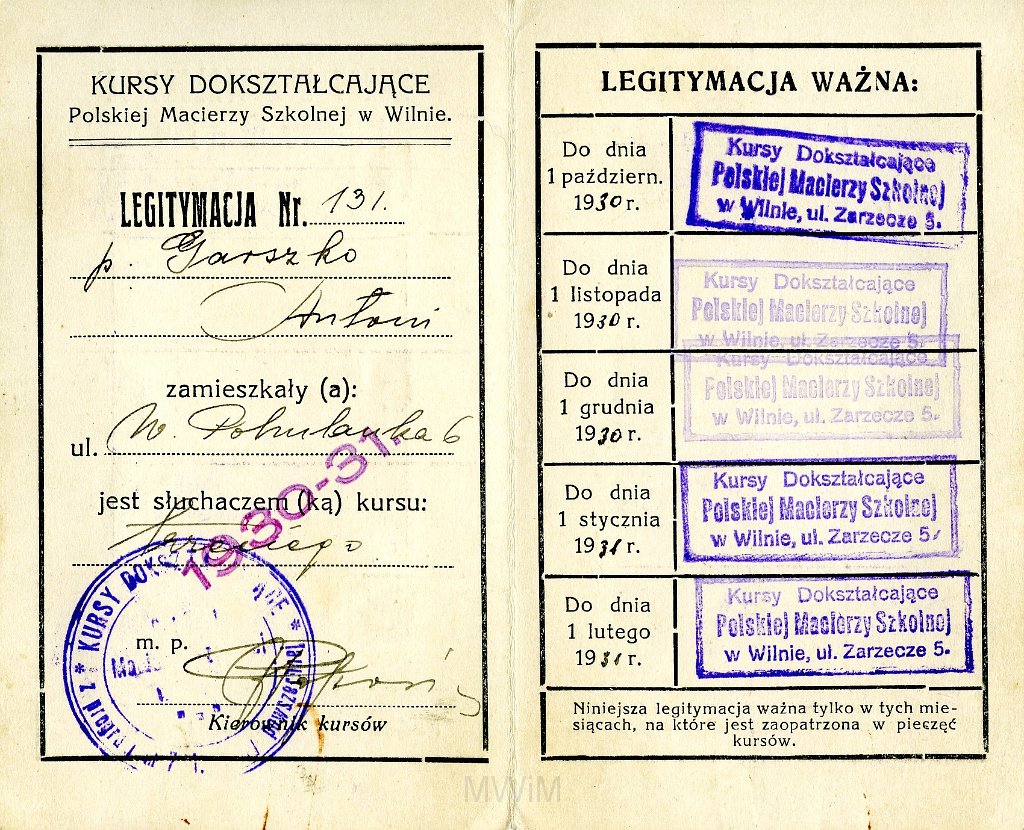 KKE 5818a.jpg - Dok. Legitymacja szkolna wystawiona przez Kursy Dokształcające Polskiej Młodzierzy Szkolnej w Wilnie dla Antoniego graszko, Wilno, 1 IX 1930 r.